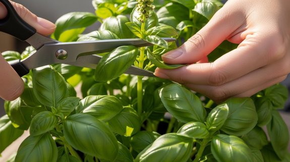 Pruning basil leaves for healthy growth.