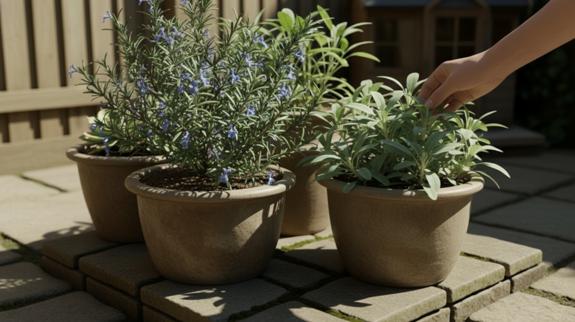 Hand tending potted herbs in sunlight.