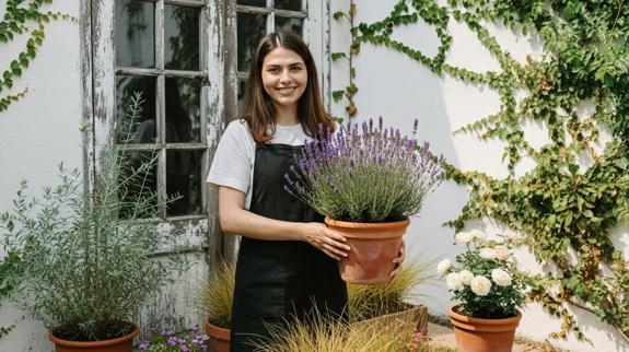 Gardener holding lavender plant in pot.