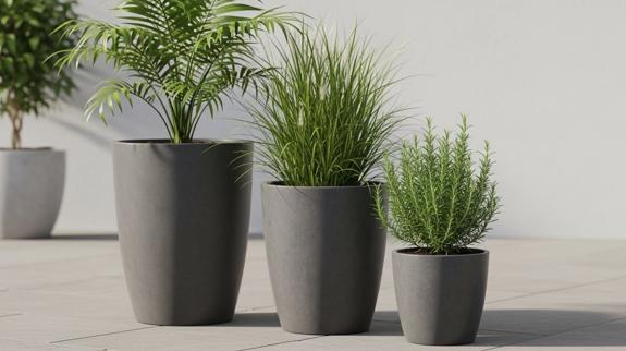 Row of potted plants on balcony.