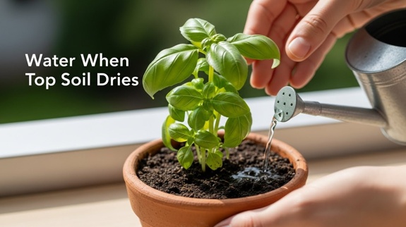 Watering basil plant in small pot.