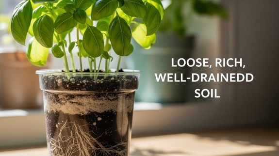 Basil roots in well drained soil.