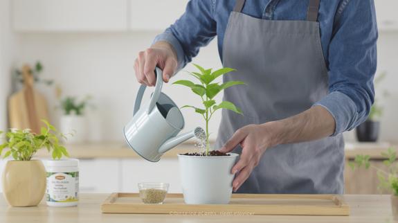 Person watering small plant in pot.