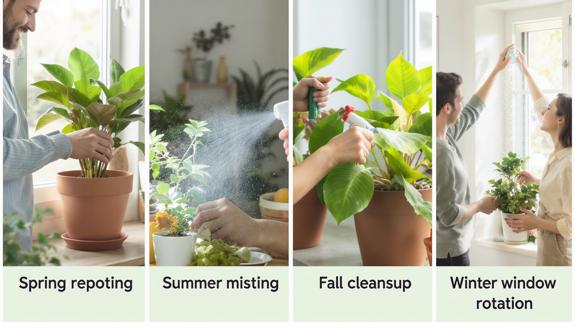 Four seasonal indoor plant care activities.