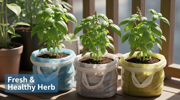 Healthy basil plants grown in pots.