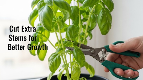 Pruning basil stems for healthy growth.